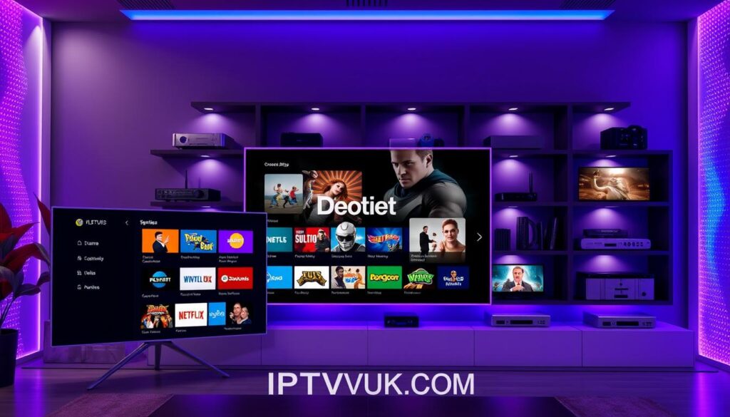 A vibrant, modern digital scene showcasing various categories of IPTV content. In the foreground, a sleek television screen displays colorful icons representing different genres: drama, sports, documentaries, and movies, arranged in an aesthetically pleasing grid. The middle ground features stylish, minimalistic shelves filled with streaming devices, remote controls, and user-friendly interfaces, enhancing the tech-savvy feel. The background is softly illuminated with dynamic LED lights in blue and purple tones, creating a high-tech, inviting atmosphere. The ambiance is energetic yet cozy, appealing to streaming enthusiasts. The brand name "IPTVVUK.COM" is subtly integrated into the design elements. The composition is captured from a slightly elevated angle, giving depth to the scene while maintaining clarity and focus.
