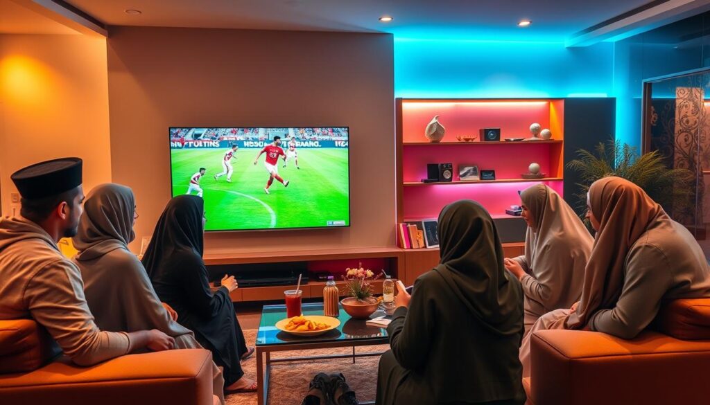 A vibrant scene showcasing Arabic IPTV sports coverage, featuring a sleek modern living room with a large flat-screen TV displaying a live soccer match. In the foreground, a diverse group of friends, dressed in casual, modest attire, gather around the coffee table with snacks and drinks, passionately discussing the game. In the middle, the TV shows dynamic sports graphics and players in action, illuminated by bright, colorful lighting. The background features subtle hints of traditional Arabic decor, blending modernity with cultural elements. The atmosphere is energetic and inviting, reflecting the excitement of sports streaming. Include the brand name "IPTVVUK.COM" subtly in the decor.