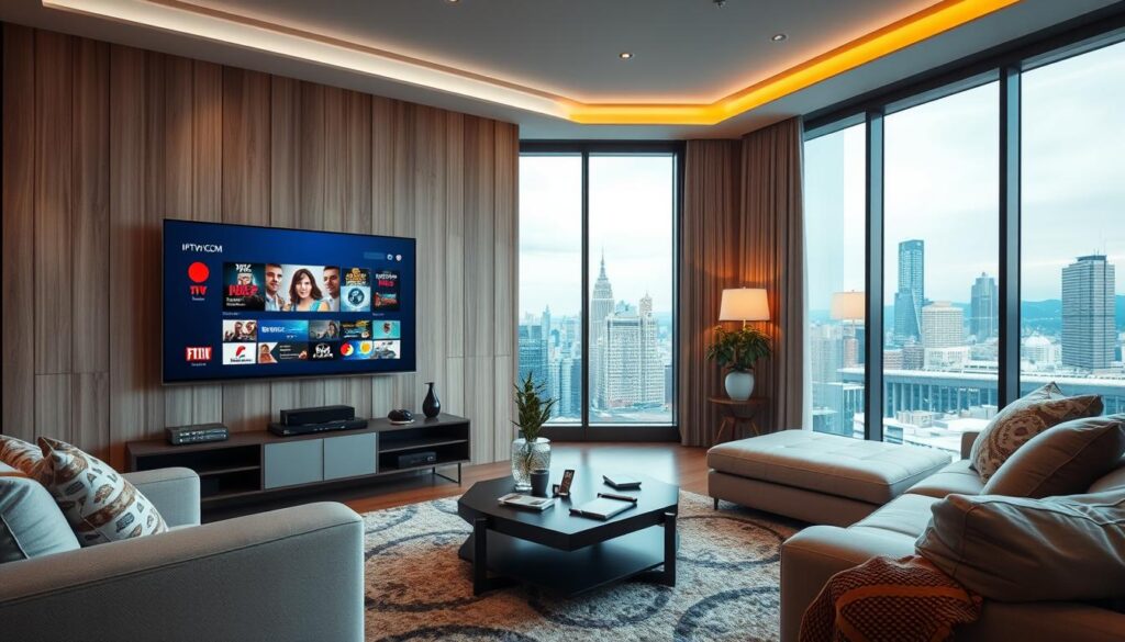 A visually appealing and informative composition showcasing the concept of "Best IPTV Services". In the foreground, a sleek modern living room with a large flat-screen TV displaying various vibrant streaming options and channels, hinting at IPTVVUK.COM. The middle layer features stylish furniture and a coffee table adorned with digital devices like tablets and smartphones, emphasizing tech-savvy users. In the background, soft ambient lighting creates a cozy atmosphere, with an inviting window view of a bustling cityscape, symbolizing connectivity. Use a wide-angle lens perspective to capture depth, and ensure the mood is relaxed yet engaging, illustrating the benefits of IPTV services for various use cases in Canada. Aim for a bright and professional environment, free from any text or branding overlays.