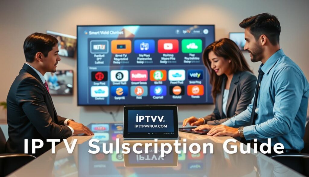 A visually appealing and informative scene representing an "IPTV Subscription Guide." In the foreground, a diverse group of three professionals, dressed in smart business attire, is engaged in a discussion around a sleek, modern table, with a tablet displaying the IPTVVUK.COM logo prominently. In the middle, behind them, a large screen showcases various IPTV subscription options with colorful icons indicating features like channels, pricing, and device compatibility. The background features soft-focus images of different devices, such as smart TVs, laptops, and tablets, symbolizing accessibility and variety. The lighting is warm and inviting, creating a collaborative atmosphere, with a slight tilt angle to emphasize dynamism and engagement. Overall, the image should evoke a sense of professionalism and clarity in choosing the right IPTV service.