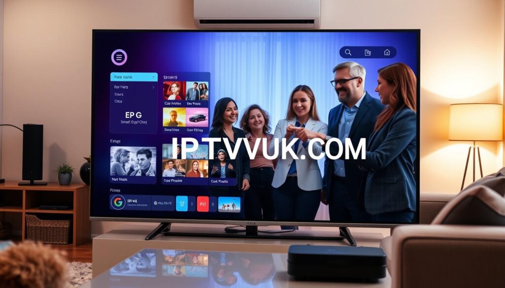 A visually appealing composition showcasing the benefits of using EPG (Electronic Program Guide) for IPTV streaming. In the foreground, feature a sleek modern smart TV displaying an interactive EPG interface with vibrant program listings and easy navigation options. In the middle, place a diverse group of people, including a professional man and woman in business attire, engaged in a discussion while pointing at the TV, portraying satisfaction and engagement. The background should contain a cozy living room setting with soft ambient lighting, creating a warm, inviting atmosphere. Incorporate the brand name "IPTVVUK.COM" subtly within the scene. Use a wide-angle lens perspective to capture the richness of the room and the excited expressions of the users. The mood should be optimistic and tech-savvy, reflecting an enhanced streaming experience.