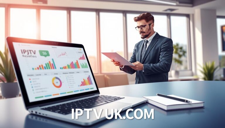 A visually appealing digital illustration showcasing IPTV Reseller Plans. In the foreground, a sleek laptop displays colorful graphs and charts highlighting various IPTV plans. On the middle layer, a professional individual in business attire is actively analyzing the data, with a look of concentration. The background features a modern office setting with large windows that allow natural light to stream in, creating a bright and inviting atmosphere. Subtle details include a potted plant and a notepad beside the laptop. The overall mood is one of professionalism and reliability, conveying trust in IPTV services. Include the brand name "IPTVVUK.COM" subtly integrated into the design, ensuring a cohesive look. The composition should be balanced and engaging, with a focus on the analysis of IPTV plans.