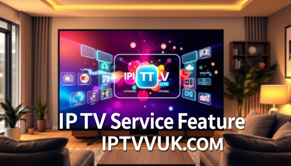 A visually captivating illustration of "IPTV Service Features," designed for a professional article. In the foreground, a sleek modern television displaying various icons representing key features such as live streaming, video on demand, and multi-device compatibility. In the middle, an abstract digital interface with vibrant colors and glowing icons, emphasizing user-friendly navigation and personalization. The background features a serene living room setting, softly lit with warm lighting, creating an inviting atmosphere. Incorporate elements like a comfortable couch and decorative plants to enhance the homely feel. Use a slight angle to showcase depth, mimicking a cinematic shot. The brand name "IPTVVUK.COM" subtly integrated within the design, ensuring a professional, informative vibe without any text overlays or distractions. A visually captivating illustration of "IPTV Service Features," designed for a professional article. In the foreground, a sleek modern television displaying various icons representing key features such as live streaming, video on demand, and multi-device compatibility. In the middle, an abstract digital interface with vibrant colors and glowing icons, emphasizing user-friendly navigation and personalization. The background features a serene living room setting, softly lit with warm lighting, creating an inviting atmosphere. Incorporate elements like a comfortable couch and decorative plants to enhance the homely feel. Use a slight angle to showcase depth, mimicking a cinematic shot. The brand name "IPTVVUK.COM" subtly integrated within the design, ensuring a professional, informative vibe without any text overlays or distractions.