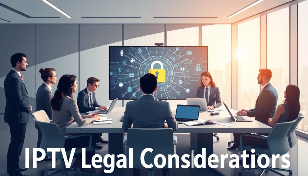 A visually compelling illustration representing "IPTV Legal Considerations." In the foreground, a diverse group of professionals in business attire, engaged in a discussion around a modern conference table filled with legal documents, laptops, and IPTV devices. In the middle ground, a large screen displays a flowing network of digital data and a locked padlock symbolizing security. In the background, the setting is a sleek, contemporary office with large windows showing a city skyline, emphasizing a professional atmosphere. Soft, natural lighting illuminates the scene, creating a warm yet focused mood. The brand name "IPTVVUK.COM" is subtly integrated into the background design, enhancing the theme without dominating the image.