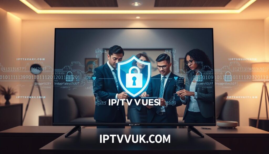 A visually compelling representation of IPTV security, featuring a sleek, modern television displaying a shield icon symbolizing protection in the foreground. In the middle ground, include a diverse group of four professionals in smart business attire, gathered around a tablet, analyzing data with serious expressions, highlighting the importance of security. The background showcases a high-tech, futuristic living room setting with ambient lighting that creates a warm yet secure atmosphere. Subtle digital interface overlays hinting at encryption codes and security protocols subtly blend into the scene, reinforcing the theme of safety. The overall mood is one of professionalism and vigilance, portraying the significance of legal considerations for IPTV users. The brand "IPTVVUK.COM" is subtly incorporated into the digital interface without distraction, ensuring a clean, focused image.