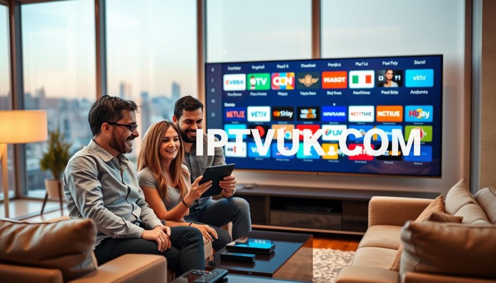 A visually dynamic scene depicting "IPTV global access," showcasing a sleek, modern living room with a large flat-screen TV displaying a vibrant array of international channels. In the foreground, a diverse group of three people, two men and one woman, comfortably dressed in professional casual attire, are joyfully interacting with a tablet, streaming content. The middle ground features stylish furniture, accented with subtle tech elements like a remote control and smart devices, conveying a sense of connectedness. The background includes a large window revealing a city skyline, symbolizing global reach. Soft, warm lighting creates an inviting atmosphere, with a slight depth of field to focus on the group. The brand name "IPTVVUK.COM" is reflected subtly in the glass of the television, enhancing the theme of modern media consumption. A visually dynamic scene depicting "IPTV global access," showcasing a sleek, modern living room with a large flat-screen TV displaying a vibrant array of international channels. In the foreground, a diverse group of three people, two men and one woman, comfortably dressed in professional casual attire, are joyfully interacting with a tablet, streaming content. The middle ground features stylish furniture, accented with subtle tech elements like a remote control and smart devices, conveying a sense of connectedness. The background includes a large window revealing a city skyline, symbolizing global reach. Soft, warm lighting creates an inviting atmosphere, with a slight depth of field to focus on the group. The brand name "IPTVVUK.COM" is reflected subtly in the glass of the television, enhancing the theme of modern media consumption.