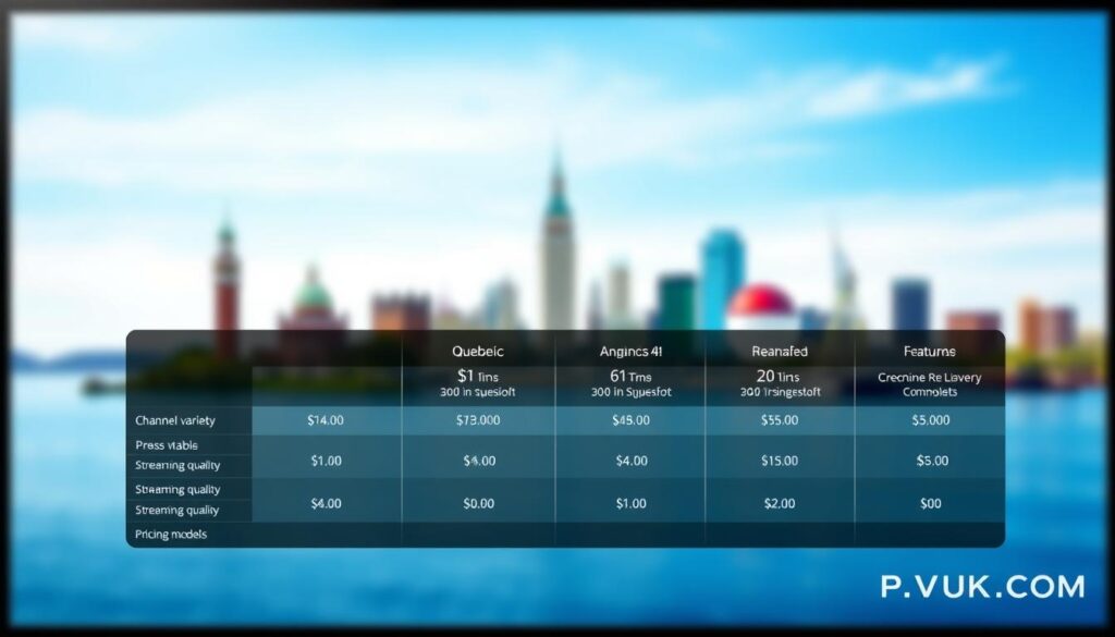 A visually engaging comparison chart illustrating the features of various IPTV providers in Quebec. In the foreground, display a sleek, modern infographic layout showing essential features like channel variety, streaming quality, and pricing models. The middle section should feature a stylized, artistic representation of popular Quebec landmarks, gently blurred to provide context without distraction. In the background, use a soft-focus gradient of blue and white, evoking a sense of technology and innovation. The lighting should be bright and inviting, suggesting clarity and accessibility, with a professional, polished feel. This image reflects the key features Quebec residents should consider in IPTV providers. Incorporate an element that subtly includes the brand name "IPTVVUK.COM" in a discreet, integrated manner, ensuring it complements the overall design without drawing attention away from the main content.