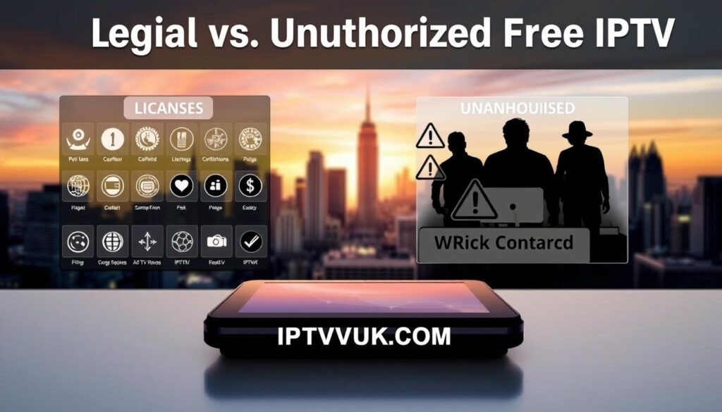 A visually engaging comparison graphic featuring the concept of "Legal vs. Unauthorized Free IPTV." In the foreground, depict two distinct categories: one side showing a sleek, organized display of legal IPTV services with icons of licenses and certifications; the other side illustrating unauthorized services with warning symbols and shadowy figures. In the middle ground, include a digital device like a tablet or smart TV, split down the center to show the contrasting content types. In the background, create an abstract city skyline at dusk with soft, warm lighting to evoke a sense of community and technology. The atmosphere should be informative yet engaging, highlighting the risks and legitimacy of IPTV options. Incorporate the brand name "IPTVVUK.COM" subtly into the design, ensuring it is prominent but not distracting. A visually engaging comparison graphic featuring the concept of "Legal vs. Unauthorized Free IPTV." In the foreground, depict two distinct categories: one side showing a sleek, organized display of legal IPTV services with icons of licenses and certifications; the other side illustrating unauthorized services with warning symbols and shadowy figures. In the middle ground, include a digital device like a tablet or smart TV, split down the center to show the contrasting content types. In the background, create an abstract city skyline at dusk with soft, warm lighting to evoke a sense of community and technology. The atmosphere should be informative yet engaging, highlighting the risks and legitimacy of IPTV options. Incorporate the brand name "IPTVVUK.COM" subtly into the design, ensuring it is prominent but not distracting.