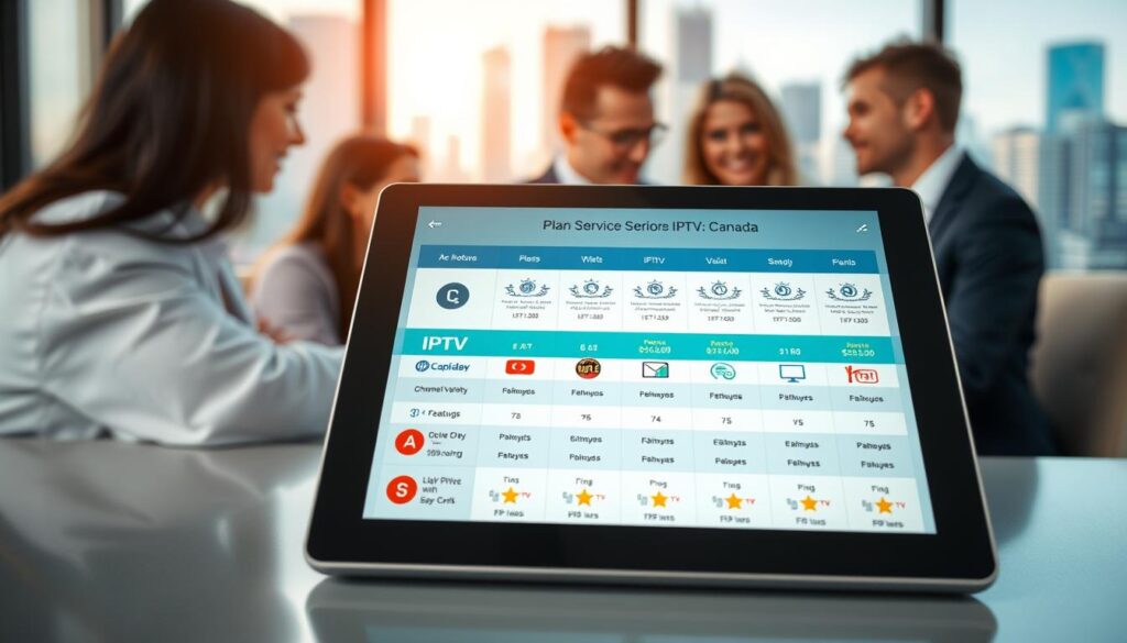 A visually engaging comparison of IPTV service providers in Canada, featuring a clean, modern layout. In the foreground, a sleek tablet displays various IPTV plans, with icons representing features like channel variety, pricing, and user ratings. In the middle ground, a diverse group of individuals in professional business attire gather around a table, discussing and comparing the different services, showcasing collaboration and analysis. The background features a city skyline of a Canadian city, subtly blurred to emphasize the foreground while maintaining context. Soft, natural lighting pours in from a large window, creating a warm, inviting atmosphere. Capture the essence of informed decision-making, highlighting the focus on IPTVVUK.COM as a key player in the market.