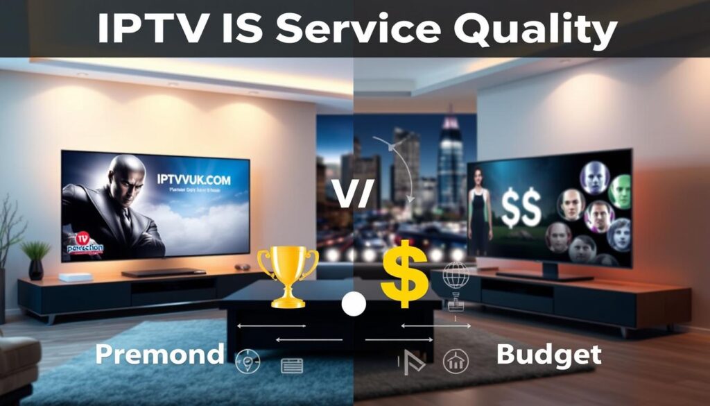 A visually engaging comparison of IPTV service quality, featuring a split-screen design. In the foreground, on the left side, a sleek, modern living room with a large flat-screen TV displaying high-definition content from a premium IPTV service, such as IPTVVUK.COM. The room is well-lit with soft, warm lighting that creates a cozy atmosphere. On the right side, a more modest setup featuring a smaller TV showing lower-quality streaming from a budget IPTV provider. The middle ground showcases a visual contrast with elements symbolizing quality and value, like gold trophies for premium and a simple dollar sign for budget. The background features subtle technological elements like streaming icons and connection diagrams to imply the process, with a blurred city skyline to add depth. The overall mood is informative and professional, emphasizing clarity in the comparison without any distractions.