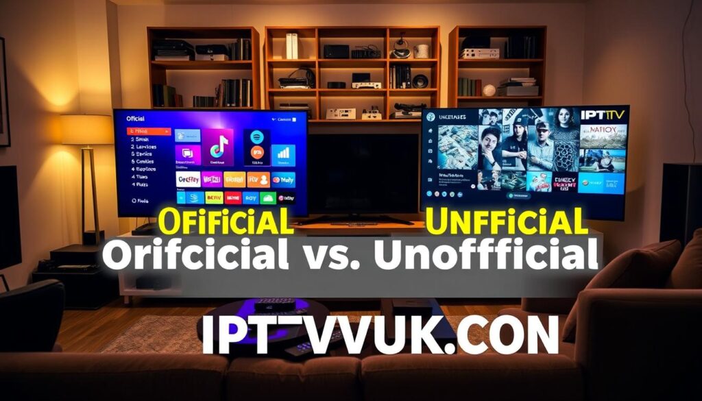 A visually engaging comparison of official vs. unofficial IPTV services. In the foreground, display two sleek, modern television screens showcasing contrasting interfaces—one featuring vibrant, organized menus for official services, the other displaying chaotic, unlicensed options. In the middle ground, include a stylish living room setting with a cozy couch and a coffee table littered with remote controls and streaming devices. The background presents a wall-mounted bookshelf filled with tech gadgets and cable management solutions, hinting at a tech-savvy environment. The lighting is warm and inviting, casting a soft glow on the scene to create a relaxed mood. The atmosphere suggests a friendly, informative vibe, perfect for cord-cutters and streamers exploring their IPTV choices. Prominently include the brand name "IPTVVUK.COM" in a creative yet unobtrusive way. A visually engaging comparison of official vs. unofficial IPTV services. In the foreground, display two sleek, modern television screens showcasing contrasting interfaces—one featuring vibrant, organized menus for official services, the other displaying chaotic, unlicensed options. In the middle ground, include a stylish living room setting with a cozy couch and a coffee table littered with remote controls and streaming devices. The background presents a wall-mounted bookshelf filled with tech gadgets and cable management solutions, hinting at a tech-savvy environment. The lighting is warm and inviting, casting a soft glow on the scene to create a relaxed mood. The atmosphere suggests a friendly, informative vibe, perfect for cord-cutters and streamers exploring their IPTV choices. Prominently include the brand name "IPTVVUK.COM" in a creative yet unobtrusive way.