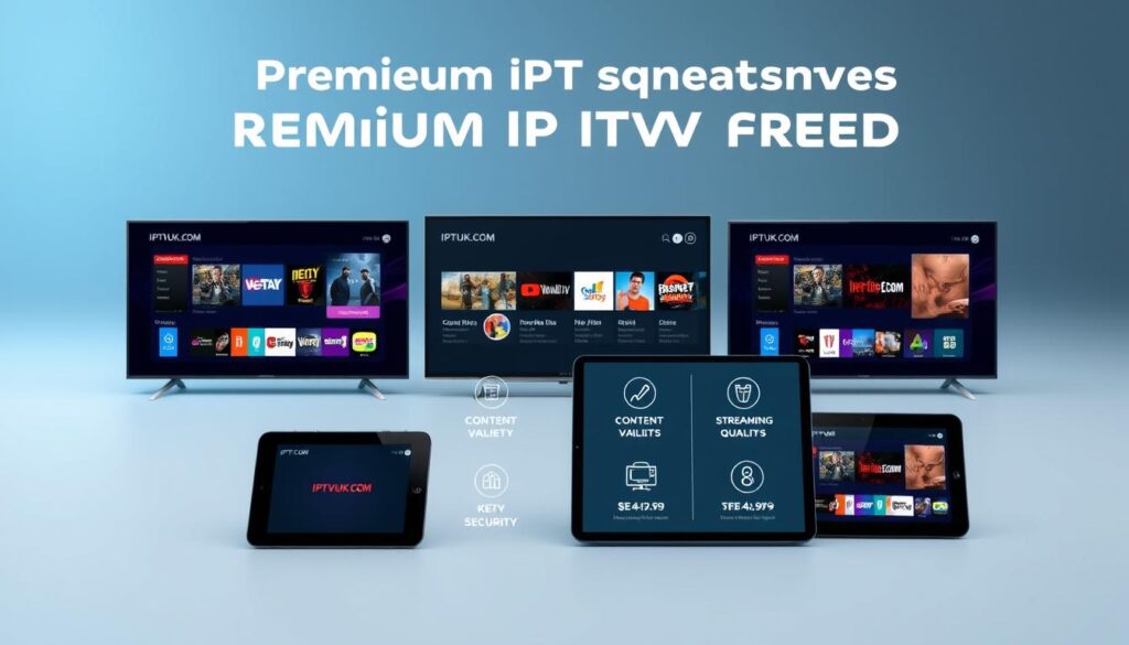 A visually engaging comparison of premium IPTV streaming services, featuring a well-organized layout. In the foreground, there are sleek digital devices like smart TVs and tablets showcasing different IPTV interfaces, all branded with "IPTVVUK.COM". In the middle ground, infographics illustrate key features such as content variety, pricing, security, and streaming quality, with icons representing each feature. The background should be a soft gradient of blue and gray, enhancing the tech-focused atmosphere. Use soft lighting to create a modern, professional look, and implement a slight tilt-angle to give depth to the composition. The overall mood should be informative yet sleek, aiming at a tech-savvy audience. Ensure no text overlays are present in the image.