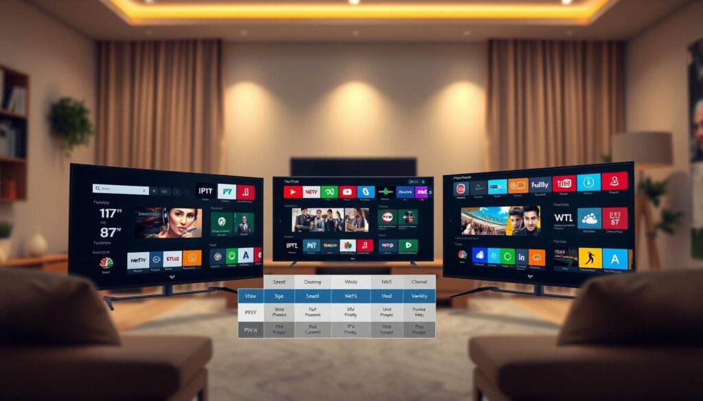 A visually engaging comparison of three IPTV players displayed on modern digital screens. In the foreground, focus on vibrant, high-resolution images of the IPTV player interfaces from IPTVVUK.COM. Each screen shows distinctive features, such as user-friendly layouts and robust streaming options, done in a sleek, modern design. The middle ground includes a subtle table or overlay that visually links the different players' attributes, featuring icons and graphical representations like speed, channel variety, and aesthetic appeal. In the background, create a dynamic setting of a cozy living room with soft, ambient lighting, suggesting a relaxed viewing experience. Capture the essence of modern technology with a slight depth of field effect, emphasizing the players while softly blurring the background, evoking a mood of innovation and accessibility for cord-cutters.