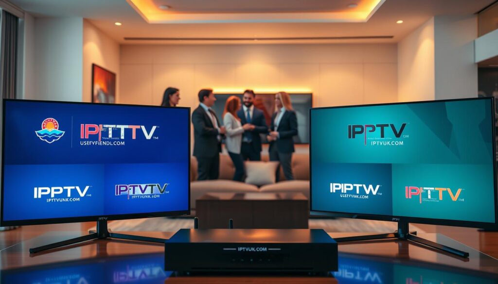 A visually engaging comparison scene of different IPTV services, positioned in a modern, sleek living room setting. In the foreground, three distinct screens display logos of popular IPTV providers, including "IPTVVUK.COM," showcasing user-friendly interfaces. The middle ground features a diverse group of three professionals, dressed in business attire, actively discussing the advantages and differences of each service. The background hints at a cozy ambiance, with warm lighting casting a soft glow over the room, enhancing a sense of familiarity and comfort. The angle captures the action from slightly above eye level, providing a comprehensive view of the service comparison. The mood is informative yet inviting, encouraging viewers to consider the best IPTV service options.