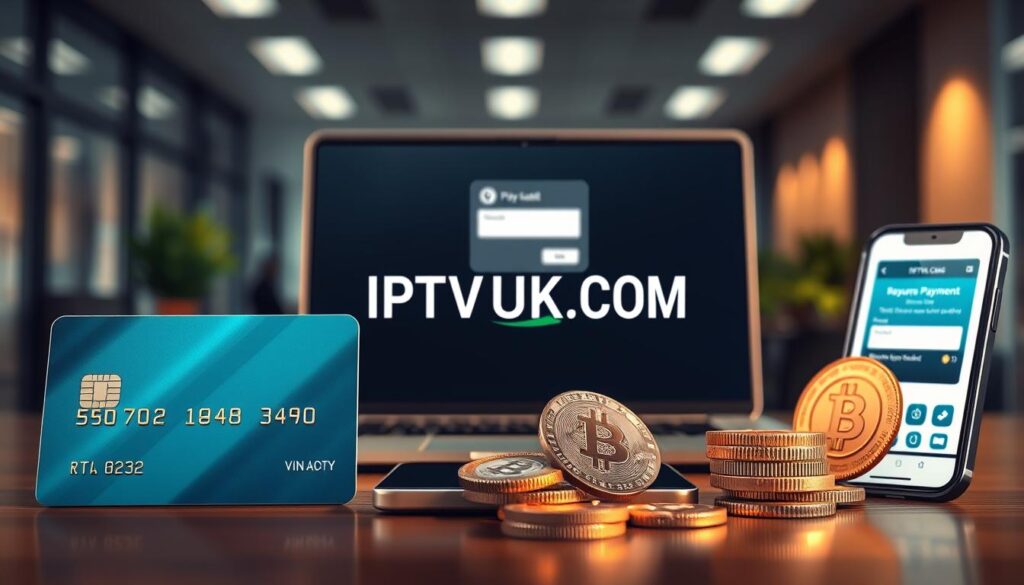 A visually engaging composition centered around IPTV payment methods, showcasing various secure payment options like credit cards, digital wallets, and cryptocurrencies. In the foreground, detailed illustrations of a credit card and a smartphone displaying a digital wallet app, both glimmering with soft highlights. The middle layer features a stylized laptop screen open to a payment gateway with a professional business setting in the background, depicting a sleek office environment. Soft, ambient lighting creates a serene and trustworthy atmosphere, with a slight depth of field effect to draw focus on the payment methods. The brand name "IPTVVUK.COM" subtly integrated into the environment, reinforcing the theme of secure transactions, while ensuring a professional, safe-for-work presentation. A visually engaging composition centered around IPTV payment methods, showcasing various secure payment options like credit cards, digital wallets, and cryptocurrencies. In the foreground, detailed illustrations of a credit card and a smartphone displaying a digital wallet app, both glimmering with soft highlights. The middle layer features a stylized laptop screen open to a payment gateway with a professional business setting in the background, depicting a sleek office environment. Soft, ambient lighting creates a serene and trustworthy atmosphere, with a slight depth of field effect to draw focus on the payment methods. The brand name "IPTVVUK.COM" subtly integrated into the environment, reinforcing the theme of secure transactions, while ensuring a professional, safe-for-work presentation.