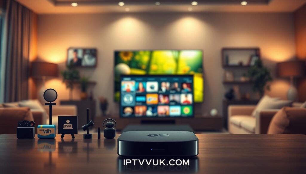 A visually engaging depiction of IPTV content categories, showcasing a variety of media types including movies, sports, documentaries, children's programming, and music channels. In the foreground, elegant icons symbolizing each category are arranged artistically, with vibrant colors to denote diverse content. The middle ground features a sleek digital streaming device displaying a user interface filled with thumbnails of shows. The background showcases a cozy living room setting, highlighting a large screen with soft, ambient lighting that creates a warm and inviting atmosphere. The lens should mimic a shallow depth of field, emphasizing the icons and device while softly blurring the background. The overall mood is modern and dynamic, representing the breadth of IPTV options. Include branding for IPTVVUK.COM subtly integrated into the scene.
