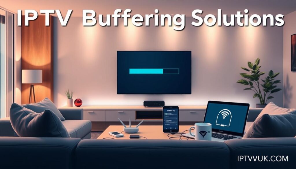 A visually engaging illustration focused on "IPTV Buffering Solutions." In the foreground, a sleek modern living room with a comfortable couch and a large, contemporary TV displaying a buffering symbol prominently. The middle layer features a minimalist coffee table with a laptop and a smartphone displaying network settings, surrounded by digital cables and a router. In the background, soft ambient lighting enhances a relaxed yet tech-savvy atmosphere, with subtle hints of devices connected to a Wi-Fi network. The overall mood should convey a sense of troubleshooting and problem-solving, representing the theme of overcoming IPTV challenges. The brand "IPTVVUK.COM" subtly integrated into the scene, perhaps on a coffee mug or on the laptop's screen. The image is sharp and well-lit, captured from a slight angle to create depth.