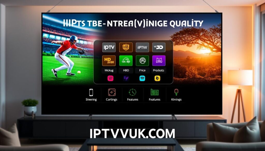 A visually engaging image depicting a side-by-side comparison of IPTV streaming quality. In the foreground, two large screens display different streaming outputs with vibrant HD images showcasing a sports event and a nature documentary, emphasizing clarity and detail. In the middle, a sleek digital interface illustrates various IPTV providers with icons representing price, features, and performance metrics, highlighted in bright colors against a dark background. The background features a shaded living room setting, softly lit with warm, ambient lighting to create a cozy atmosphere. The overall mood should reflect modern technology and comfort. Include the brand name "IPTVVUK.COM" subtly in the design, ensuring it blends seamlessly with the composition without overloading the image.