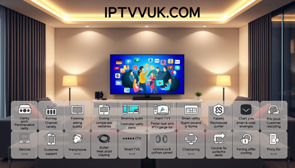 A visually engaging infographic showcasing a detailed comparison of IPTV service features, centered around "IPTVVUK.COM." In the foreground, display an organized grid of icons representing key features like channel variety, streaming quality, device compatibility, customer support, and pricing plans. In the middle, illustrations of diverse TV devices—smart TVs, tablets, and smartphones—streaming content together, highlighting usability across multiple platforms. The background should consist of a sleek, modern living room scene with ambient lighting, creating a cozy and high-tech atmosphere. Use a slight overhead angle to capture the vibrancy of the devices and icons while emphasizing a professional and informative tone. The overall mood should inspire trust and innovation in IPTV streaming solutions. A visually engaging infographic showcasing a detailed comparison of IPTV service features, centered around "IPTVVUK.COM." In the foreground, display an organized grid of icons representing key features like channel variety, streaming quality, device compatibility, customer support, and pricing plans. In the middle, illustrations of diverse TV devices—smart TVs, tablets, and smartphones—streaming content together, highlighting usability across multiple platforms. The background should consist of a sleek, modern living room scene with ambient lighting, creating a cozy and high-tech atmosphere. Use a slight overhead angle to capture the vibrancy of the devices and icons while emphasizing a professional and informative tone. The overall mood should inspire trust and innovation in IPTV streaming solutions.