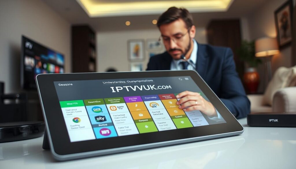 A visually engaging representation of IPTV subscription plans for an article's section titled "Understanding IPTV Subscription Plans." In the foreground, a sleek digital tablet displays vibrant IPTV plan options with colorful icons representing different streaming services, surrounded by modern media devices like a smart TV and a streaming box. In the middle ground, an attractive office setting with a well-dressed professional examining the plans, showcasing focus and engagement. The background features a subtle home entertainment setup with ambient lighting, creating a warm and inviting atmosphere. The scene is captured with a soft focus lens to emphasize the tablet's details, creating a clear and appealing aesthetic. Ensure the brand name "IPTVVUK.COM" is subtly included on the tablet's screen, blending seamlessly into the design.