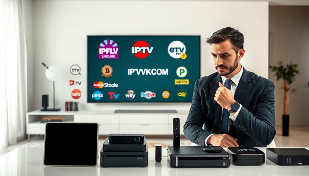 A visually engaging scene depicting the concept of IPTV services, focusing on common mistakes to avoid when purchasing. In the foreground, a professional-looking individual, dressed in business attire, analyzes a variety of digital devices like smart TVs, tablets, and streaming devices displayed on a clean modern desk. In the middle ground, a large digital screen showcases an array of IPTV logos, prominently featuring “IPTVVUK.COM,” along with cautionary symbols indicating mistakes, such as a slight frown and exclamation marks. The background features a well-lit, sleek home entertainment setup, creating an inviting yet serious atmosphere. Soft, balanced lighting illuminates the scene, with a slight depth of field emphasizing the foreground elements. The overall mood suggests careful consideration and informed decision-making. A visually engaging scene depicting the concept of IPTV services, focusing on common mistakes to avoid when purchasing. In the foreground, a professional-looking individual, dressed in business attire, analyzes a variety of digital devices like smart TVs, tablets, and streaming devices displayed on a clean modern desk. In the middle ground, a large digital screen showcases an array of IPTV logos, prominently featuring “IPTVVUK.COM,” along with cautionary symbols indicating mistakes, such as a slight frown and exclamation marks. The background features a well-lit, sleek home entertainment setup, creating an inviting yet serious atmosphere. Soft, balanced lighting illuminates the scene, with a slight depth of field emphasizing the foreground elements. The overall mood suggests careful consideration and informed decision-making.
