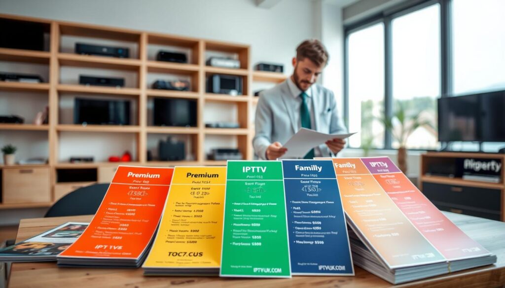 A visually engaging scene depicting various IPTV pricing models and subscription options. In the foreground, an organized and neatly arranged table displays colorful brochures and informational leaflets labeled with prices for different IPTV packages, such as basic, premium, and family plans. In the middle ground, a professional individual in business attire analyzes these brochures, jotting down notes. The background features a modern, well-lit office environment, with shelves showcasing digital devices like smart TVs and streaming boxes, enhancing the subject matter. Soft, natural lighting floods the room from large windows, creating a welcoming atmosphere. The image subtly incorporates the brand name "IPTVVUK.COM" as part of the brochures, connecting it to the theme of IPTV services without any text overlays.
