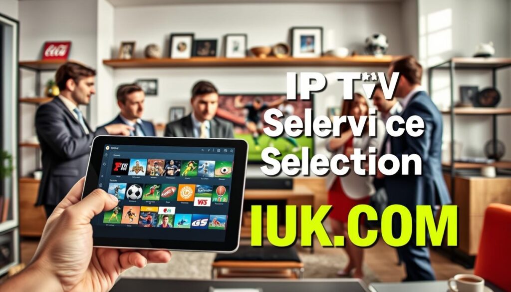 A visually engaging yet professional image depicting an "IPTV Service Selection Guide" for sports enthusiasts. In the foreground, showcase a sleek tablet displaying a colorful interface of various sports channels, emphasizing popular sports like football, basketball, and soccer. Gather around the tablet, a diverse group of individuals dressed in business casual attire, actively discussing and pointing at the device, reflecting collaboration and decision-making. In the middle ground, include a stylish living room setting with a large flat-screen TV, hinting at the immersive viewing experience. The background features shelves lined with sports memorabilia and stylish decor, creating a cozy atmosphere. Use bright, natural lighting to enhance the inviting feel, captured with a slight angle for a dynamic perspective. Prominently integrate the brand name "IPTVVUK.COM" into the design elements, reinforcing the theme.