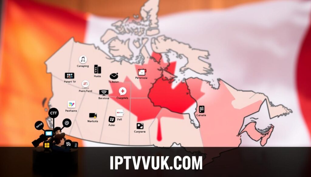 A visually informative map of Canada depicting regional IPTV services, highlighting different provinces with distinct icons representing popular IPTV channels and services. In the foreground, include a small cluster of symbols for various IPTV providers, creatively arranged to showcase their unique features. The middle ground features a stylized map of Canada, with provincial boundaries clearly marked, and icons placed centrally in each region. The background should be softly blurred with a gradient representing the colors of the Canadian flag, evoking a sense of national pride. Warm, inviting lighting provides a professional and secure atmosphere, as if showcasing a reliable service. The image should prominently feature the brand name "IPTVVUK.COM" at the bottom. The overall mood is informative, contemporary, and visually engaging, aimed at professionals and consumers looking for IPTV information.