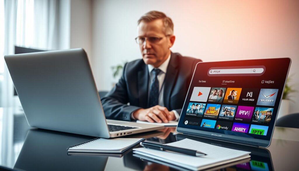 A visually inviting workspace scene depicting a professional individual, a middle-aged man wearing a smart-casual outfit, sitting at a sleek desk with a laptop open to the IPTVVUK.COM website. In the foreground, a close-up of the laptop screen shows vibrant icons representing various streaming services, clearly related to IPTV subscriptions. In the middle ground, the individual is focused on the screen, with a notepad and a pen beside him, symbolizing his research. The background features a modern room with soft, natural lighting filtering through a window, creating a warm and inviting atmosphere. The overall mood is one of security and professionalism, illustrating the concept of safe streaming options available through Kijiji.