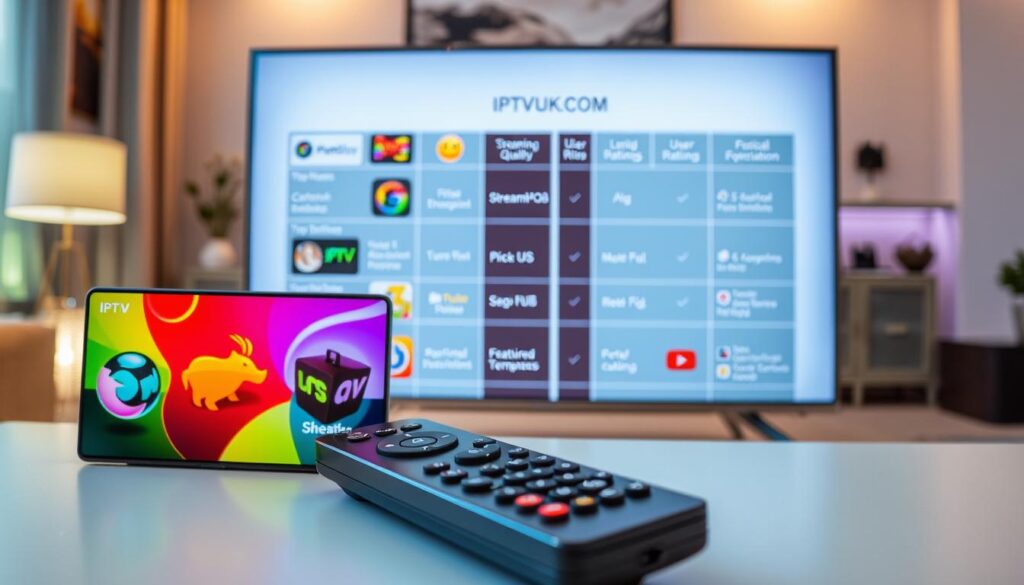 A visually striking comparison of IPTV player applications displayed on a sleek digital interface. In the foreground, highlight several app icons showcasing vibrant colors and distinctive features, representing popular IPTV features like streaming quality and user ratings. The middle ground features a modern Android TV remote lying beside a high-resolution screen displaying a split comparison chart with icons, prices, and feature icons. The background includes a softly blurred living room setting with ambient lighting, creating a tech-savvy atmosphere. Use a warm, inviting color palette to evoke user-friendly intuition. Include the brand name "IPTVVUK.COM" subtly integrated within the app icons. Capture the scene with a slightly angled top-down view, giving depth to the comparison while ensuring clarity and focus on the key elements.