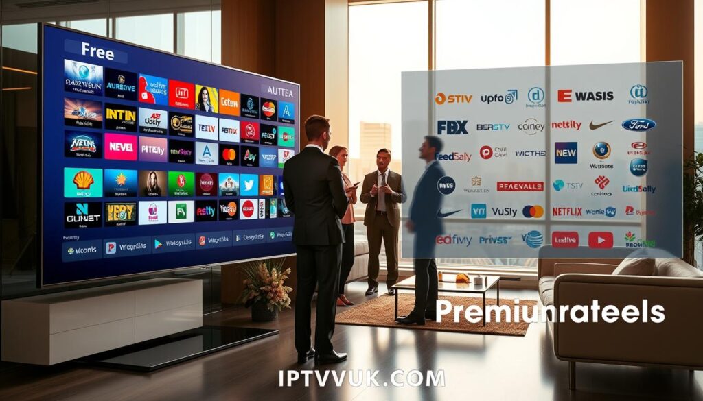 A visually striking comparison of free versus premium IPTV channels, set in a sleek, modern office environment. In the foreground, a large, transparent screen displays vibrant images of various channels, illustrating the differences between free and premium IPTV options. On the left, icons representing free channels are colorfully displayed, while on the right, logos of premium channels are elegantly arranged. In the middle ground, a diverse group of professionals in business attire are engaged in discussion, gesturing towards the screen. The background features sleek furniture and a window with a cityscape view, warmly lit by natural light. The overall mood is informative and collaborative, conveying the theme of careful consideration. The image should include the brand name "IPTVVUK.COM" subtly integrated into the design.