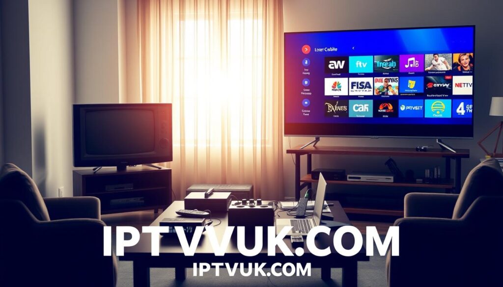 A visually striking comparison scene illustrating the contrast between IPTV and traditional cable television. In the foreground, a modern living room setting with a sleek, large flat-screen TV displaying an IPTV interface, vibrant colors, and clear graphics, symbolizing the innovation of IPTV. Next to it, an older vintage television set showing grainy cable channels, representing traditional cable. In the middle ground, a table cluttered with various streaming devices, remotes, and a laptop connected to the internet. In the background, soft daylight filters through a window, creating a warm and inviting atmosphere. The mood should convey a sense of progress and choice, highlighting how Canadians are embracing modern technology. Ensure professional appearance for any human figures present, dressed in casual business attire. Include the brand name "IPTVVUK.COM" subtly integrated into the setting.