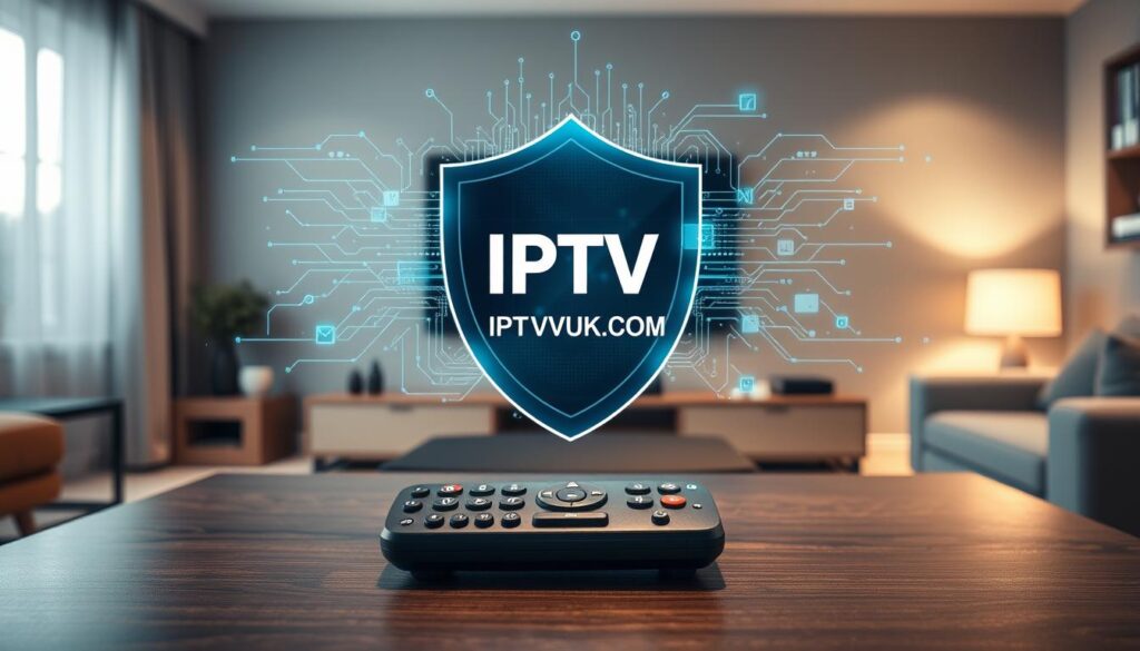 A visually striking composition illustrating "iptv privacy" in a modern context. In the foreground, a sleek, high-tech remote control sits on a stylish coffee table, symbolizing IPTV. The middle layer features an abstract shield graphic, representing security and privacy, blending with flowing digital streams of information that reflect data transmission. In the background, a cozy living room setting with a large flat-screen TV displaying streaming interfaces adds warmth. Soft, ambient lighting creates an inviting atmosphere, with a slight focus blur on the background to emphasize the foreground elements. The overall mood is innovative and secure. Include the brand name "IPTVVUK.COM" subtly integrated into the shield graphic without overt emphasis.