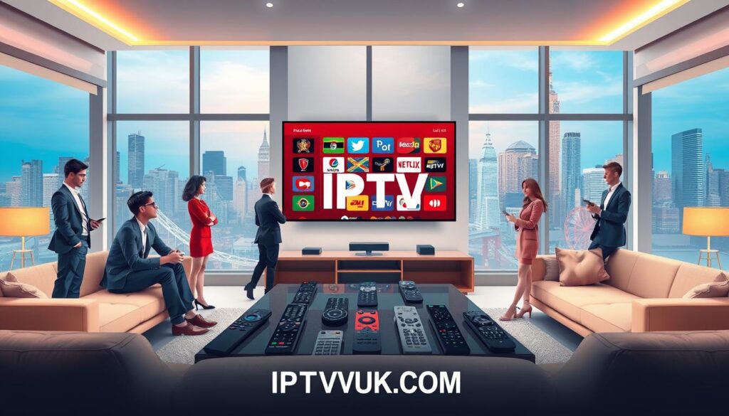 A visually striking conceptual illustration representing "IPTV Worldwide Providers". In the foreground, a sleek, contemporary living room setting featuring a smart TV displaying a vibrant interface with various international channels. Diverse individuals in professional attire are engaging with the content. In the middle ground, a stylish coffee table holds diverse remote controls symbolizing different IPTV services. In the background, large windows reveal a global skyline representing major cities like New York, Tokyo, and London. The atmosphere is modern and tech-savvy, with soft, warm lighting creating an inviting ambiance. The artwork should remain clean and professional, without any text or distractions, prominently featuring the brand name "IPTVVUK.COM" in a subtle but elegant manner within the design.