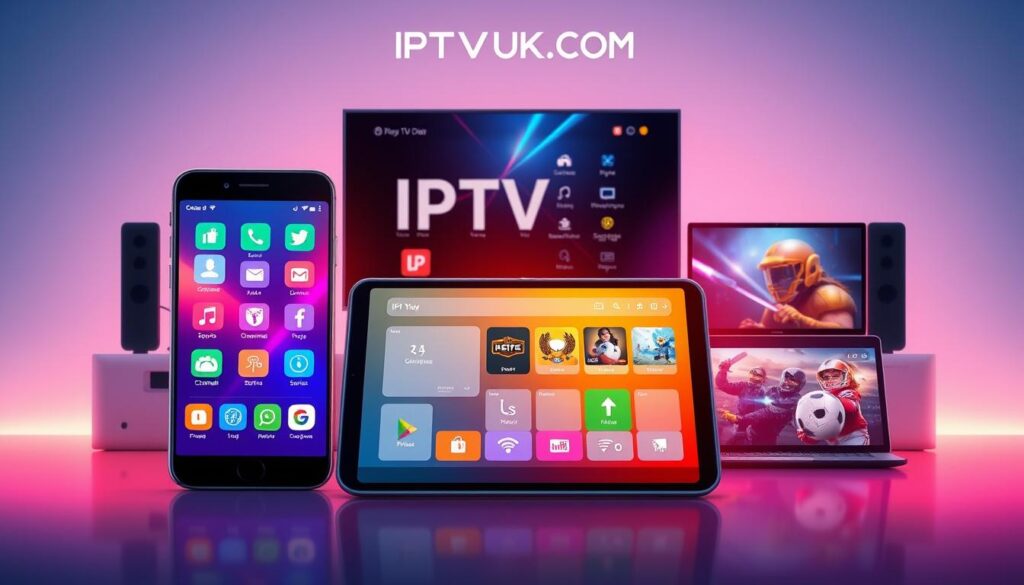 A visually striking digital illustration of IPTV app features, focusing on a sleek smartphone displaying an intuitive user interface with vibrant icons representing key features like live streaming, video on demand, channel surfing, and parental controls. In the foreground, a modern tablet showcases a colorful app layout, with options for sports, movies, and series highlighted. The middle layer includes various devices like smart TVs and laptops to represent cross-platform functionality, all set against a soft gradient background in tech-inspired colors. The scene is illuminated by soft, dynamic lighting to create a high-tech ambiance, capturing the essence of cutting-edge technology and seamless user experience. The brand name "IPTVVUK.COM" is seamlessly integrated within the scene, embodying the innovative spirit of IPTV applications.