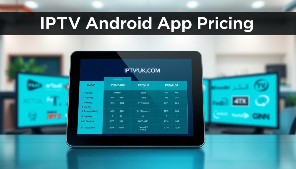 A visually striking digital illustration showcasing "IPTV Android App Pricing." In the foreground, a sleek tablet displays an elegant pricing chart with various subscription tiers, highlighting features like "Basic," "Standard," and "Premium," incorporating icons for streaming quality such as 1080p and 4K. The middle ground features an abstract representation of popular IPTV services logos, promoting the diversity of options. The background should have a workspace environment with soft, diffused lighting, evoking a professional and inviting atmosphere. Use a shallow depth of field to focus on the tablet while subtly blurring the background. The color palette should be modern and tech-focused, mainly blues and greens, giving a fresh and innovative feel. Include the brand name "IPTVVUK.COM" prominently on the tablet screen as part of the pricing display. Overall, the image should convey a sense of clarity, professionalism, and cutting-edge technology, suitable for a tech-savvy audience.