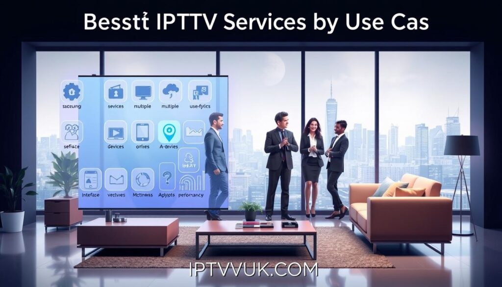 A visually striking digital illustration showcasing the features of IPTV Geeks service, designed to reflect "Best IPTV Services by Use Case." In the foreground, a sleek, modern television screen displays various icons representing features like secure streaming, multiple devices, and user-friendly interface. Surrounding the screen, a diverse group of three professionals in smart business attire are engaged in discussion, drawing attention to graphs and charts that illustrate performance metrics. In the middle ground, a cozy living room setting with a stylish coffee table and comfortable seating enhances the inviting atmosphere. The background features soft, ambient lighting with a hint of a futuristic city skyline visible through large windows. The overall mood is professional yet relaxed, conveying technology's role in enhancing home entertainment. The brand name "IPTVVUK.COM" is subtly included in the scene, emphasizing its relevance.