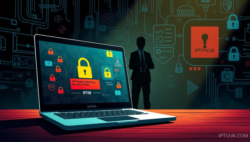 A visually striking illustration depicting "IPTV security risks," featuring a foreground with a close-up of a laptop displaying an IPTV interface compromised by security threats, like warning icons and digital locks. In the middle ground, a silhouette of a person in professional attire, representing a security analyst, examining the screen with concern. The background includes abstract representations of data streams and cybersecurity elements like firewalls and encryption symbols, surrounded by a dimly lit environment that conveys a sense of urgency. The atmosphere is tense and serious, suggesting the need for caution and awareness. Use structured lighting to highlight the laptop and the figure, creating a focus on the theme of security risks, with the brand name "IPTVVUK.COM" subtly integrated into the design elements.