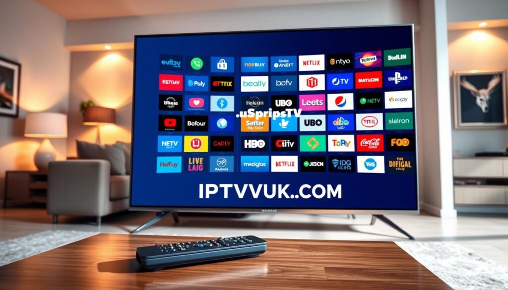 A visually striking illustration depicting a modern home entertainment setup showcasing IPTV channels. In the foreground, a sleek, large smart TV displays a vibrant interface filled with diverse, colorful channel logos, representing various legal IPTV services. A remote control lies casually on a stylish coffee table. In the middle, a comfortable living room features a plush sofa and warm ambient lighting, enhancing a cozy atmosphere. The background shows a tastefully decorated wall with framed artworks and soft lighting, creating an inviting environment. Capture a sense of innovation and accessibility in home entertainment. Include the brand "IPTVVUK.COM" subtly integrated into the TV interface. The scene should be bright and inviting, using natural light to highlight the contemporary feel. A visually striking illustration depicting a modern home entertainment setup showcasing IPTV channels. In the foreground, a sleek, large smart TV displays a vibrant interface filled with diverse, colorful channel logos, representing various legal IPTV services. A remote control lies casually on a stylish coffee table. In the middle, a comfortable living room features a plush sofa and warm ambient lighting, enhancing a cozy atmosphere. The background shows a tastefully decorated wall with framed artworks and soft lighting, creating an inviting environment. Capture a sense of innovation and accessibility in home entertainment. Include the brand "IPTVVUK.COM" subtly integrated into the TV interface. The scene should be bright and inviting, using natural light to highlight the contemporary feel.