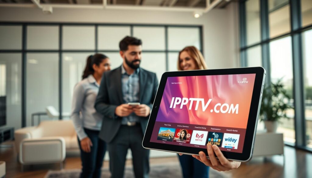 A visually striking image that captures the essence of an IPTV service comparison. In the foreground, display a modern digital tablet showcasing a vibrant interface of IPTV options, with icons and streaming services visually represented. The middle ground should feature a diverse group of three professionals—two men and one woman—dressed in smart casual attire, engaged in a discussion while comparing their devices. In the background, a sleek, well-lit office environment with minimalistic furniture and large windows, allowing for natural light to flood the space, creating a warm and inviting atmosphere. The overall mood should convey a sense of collaboration and decision-making, representing the process of choosing the right IPTV provider. Incorporate subtle branding elements of "IPTVVUK.COM" within the digital screen on the tablet, ensuring clarity without overpowering the scene. A visually striking image that captures the essence of an IPTV service comparison. In the foreground, display a modern digital tablet showcasing a vibrant interface of IPTV options, with icons and streaming services visually represented. The middle ground should feature a diverse group of three professionals—two men and one woman—dressed in smart casual attire, engaged in a discussion while comparing their devices. In the background, a sleek, well-lit office environment with minimalistic furniture and large windows, allowing for natural light to flood the space, creating a warm and inviting atmosphere. The overall mood should convey a sense of collaboration and decision-making, representing the process of choosing the right IPTV provider. Incorporate subtle branding elements of "IPTVVUK.COM" within the digital screen on the tablet, ensuring clarity without overpowering the scene.