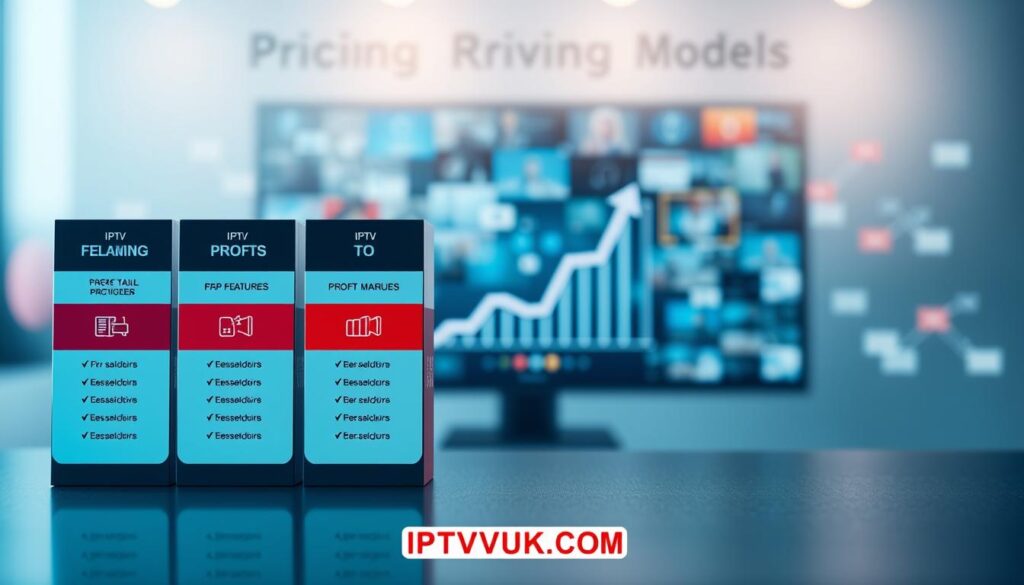 A visually striking infographic depicting "IPTV Reseller Pricing Models and Profitability." In the foreground, display various pricing tiers in stylish, segmented blocks, featuring icons symbolizing value, features, and profitability. The middle layer should show a graph illustrating potential profit margins, with upward arrows indicating growth. In the background, incorporate a faint, abstract image of a digital streaming interface, hinting at technology and connectivity. Use soft, professional lighting to create a polished, corporate atmosphere. Employ a balanced composition with a slight depth of field effect. Ensure that all elements harmonize to represent the theme of reliability and efficiency in IPTV reselling. The brand name "IPTVVUK.COM" should be subtly integrated into the design, enhancing the professional look of the image.