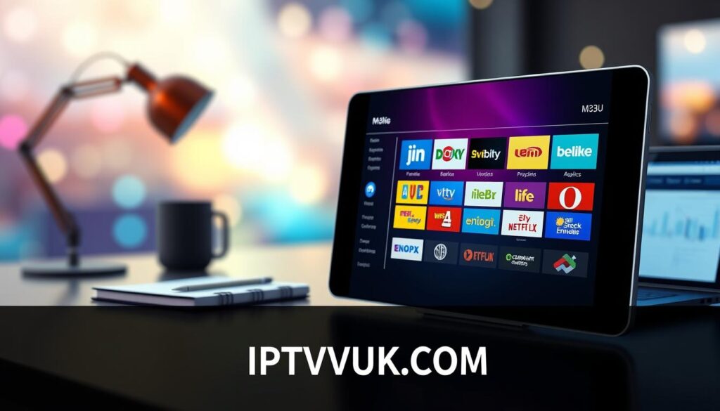 A visually striking representation of an M3U playlist interface, displayed on a sleek, modern digital screen. In the foreground, show a translucent tablet with vibrant icons and channel logos, symbolizing various entertainment options. The middle layer features a blurred yet organized workspace, with a stylish desk, a notebook, and a laptop displaying streaming analytics. In the background, create an abstract gradient that suggests a vibrant media landscape, with soft glow effects to evoke a sense of digital connectivity. Use soft, ambient lighting to enhance the technology theme, with a focus on the device's screen to create a professional, inviting atmosphere. Ensure the text "IPTVVUK.COM" is subtly integrated into the design, maintaining the professional tone of the image without clutter.