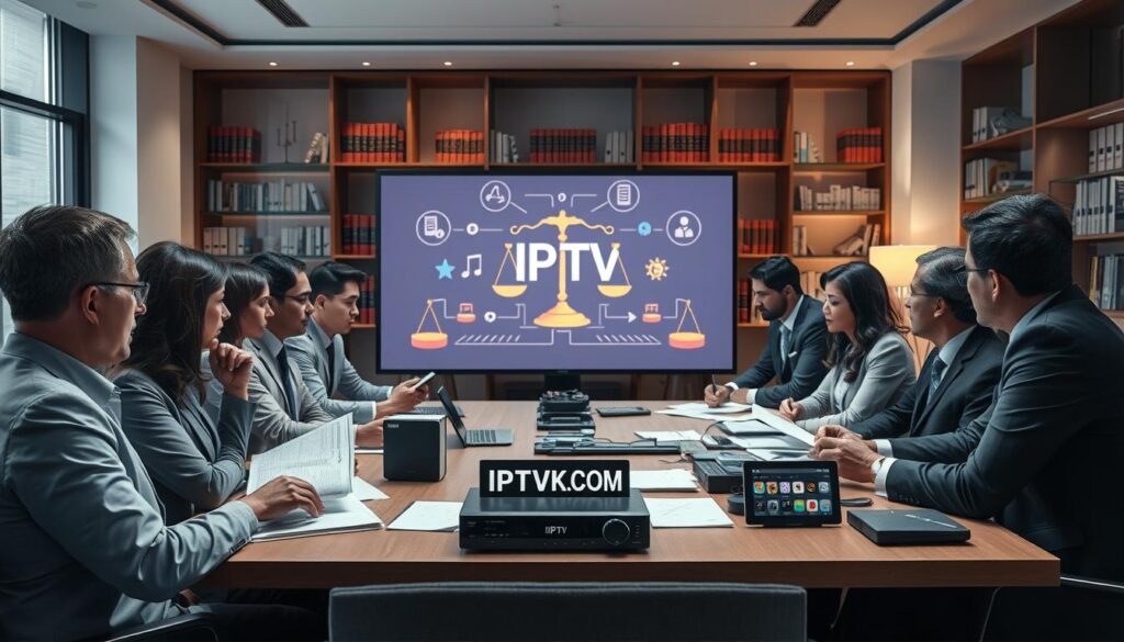 A visually striking scene depicting the concept of "IPTV Legality" for an article section. In the foreground, a diverse group of professionals in smart business attire engages in a focused discussion around a table filled with documents and digital devices showcasing IPTV services. They are surrounded by a soft ambient light that conveys a serious yet collaborative atmosphere. The middle ground features a large screen displaying a graphical representation of IPTV legality, with icons of law scales and regulatory symbols that hint at legal considerations. In the background, an office setting with modern decor and bookshelves filled with legal texts enhances the professional theme. The overall mood is one of diligence and awareness, with a subtle hint of digital innovation. Incorporate the brand name "IPTVVUK.COM" into the scene, subtly placed on one of the devices on the table.
