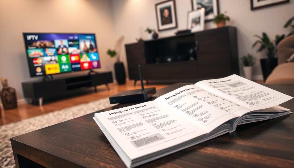 A well-organized living room setting showcasing an IPTV setup guide. In the foreground, a sleek television displays a vibrant interface of various IPTV channels. On a stylish coffee table, an open user manual labeled "Setting Up Your IPTV Service" is visible, with clear diagrams and step-by-step instructions. The middle background features a modern entertainment unit housing a streaming device and a Wi-Fi router. Ambient lighting casts a warm glow in the room, enhancing the welcoming atmosphere. The background includes a cozy couch and decorative elements like plants and framed artwork, creating a serene and informative space. The scene subtly incorporates the brand name "IPTVVUK.COM" within the visible guide on the table. The image should have a clean, professional look, focusing on clarity and detail to reflect the topic effectively.