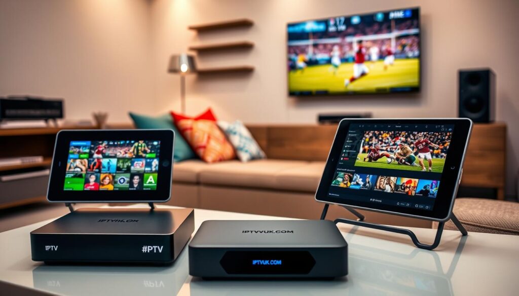 A well-organized living room setup featuring various IPTV devices, including a sleek IPTV set-top box, a tablet displaying live sports, and a smart TV with vibrant sports channels. The foreground shows the IPTV devices on a modern media console, while the middle ground includes a comfortable couch with colorful throw pillows, inviting viewers to relax. The background features a stylish wall-mounted TV with an engaging sports game in action, illuminated by soft, warm lighting that creates a cozy atmosphere. The scene conveys excitement and engagement with the experience of watching live sports. The brand "IPTVVUK.COM" is subtly integrated into the design of the set-top box, highlighting the service. The perspective is slightly angled, allowing a dynamic view of the devices and the TV screen.