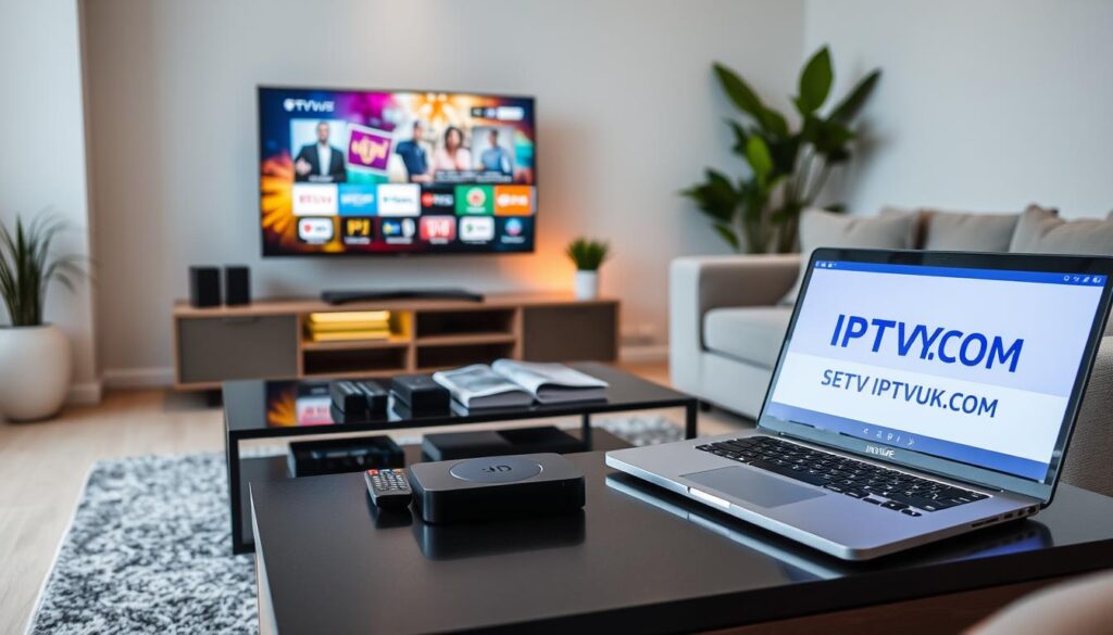 A well-organized living room setup showcasing an IPTV service. In the foreground, a sleek flat-screen TV displays an IPTV interface with vibrant graphics, while a modern multimedia console sits beneath, featuring various devices like a streaming box and remote controls arranged neatly. The middle section includes a stylish coffee table adorned with guidebooks and a laptop open to the IPTVVUK.COM website, illuminating the space. In the background, soft ambient lighting creates a cozy atmosphere, with a comfortable couch and decorative plants enhancing the inviting mood. A wide-angle shot captures the entire scene, emphasizing the ease of setting up IPTV for a seamless online television experience.