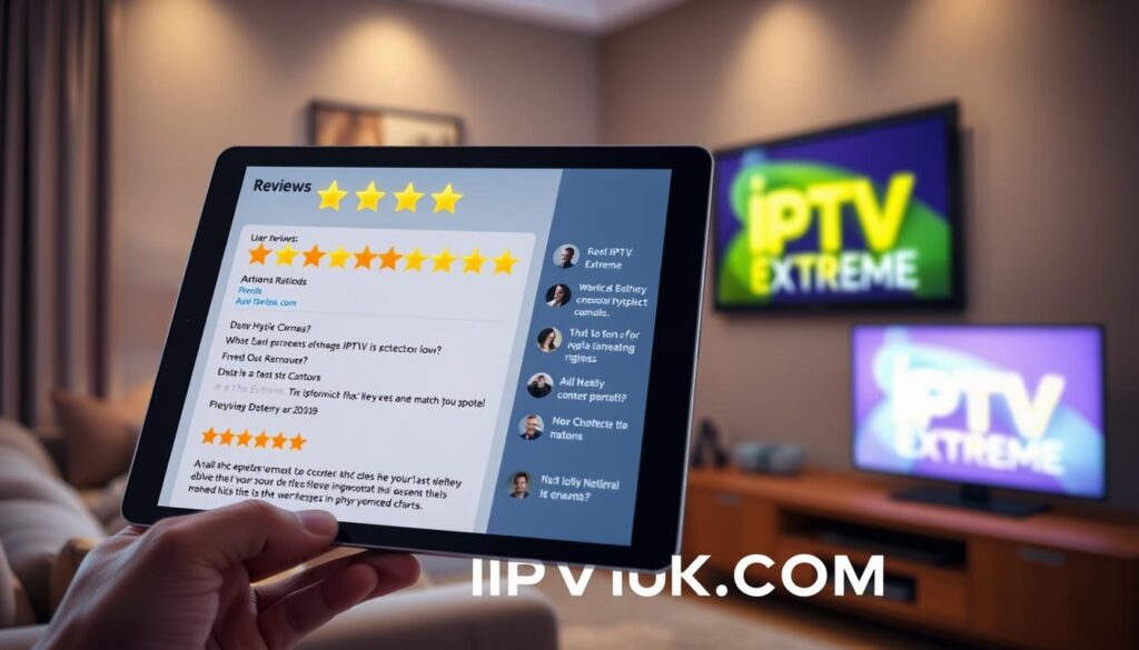 An array of user reviews displayed on a sleek digital interface, with glowing stars and colorful rating bars showcasing diverse opinions about IPTV Extreme. The foreground features a modern tablet held by a hand, displaying the reviews on its screen, while a blurred background includes a cozy living room setting with a soft couch and a smart TV turned on displaying the IPTV Extreme logo. Soft, ambient lighting creates a warm and inviting atmosphere, accentuating the excitement of streaming experiences. The scene is viewed from a slight angle to highlight the interaction between the user and the device, emphasizing a sense of engagement. The brand name "IPTVVUK.COM" subtly integrated into the design enhances brand association without overt text.