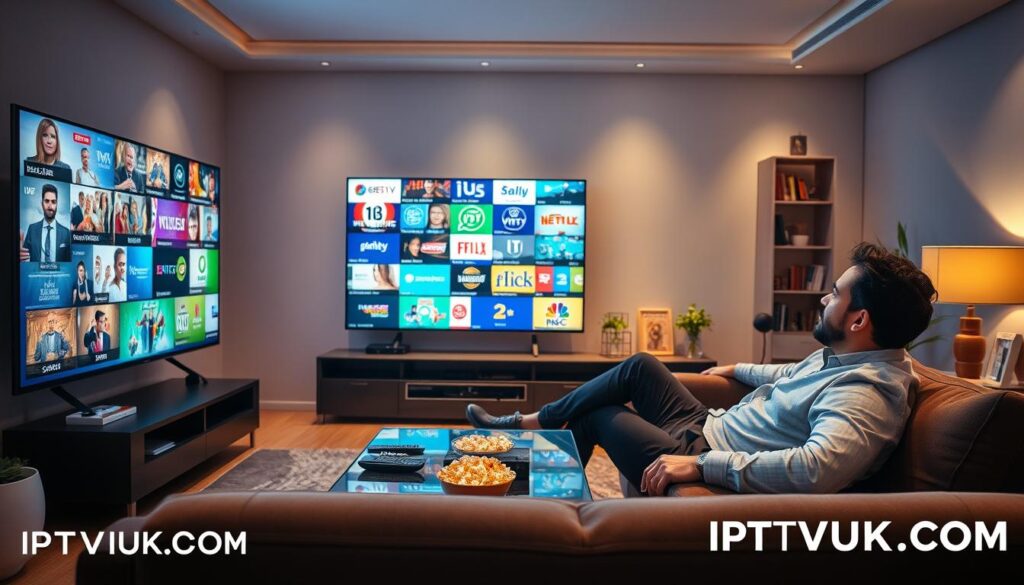 An immersive living room scene showcasing high-definition IPTV streaming quality. In the foreground, a sleek modern television displays vibrant, sharp images of a diverse array of channels, rich in colors and detail. A comfortable sofa is positioned in front of the TV, with a well-dressed individual relaxed and focused on the screen, embodying a sense of enjoyment and engagement. In the middle, a stylish coffee table holds various remotes and a bowl of popcorn, enhancing the casual yet sophisticated atmosphere. The background features soft ambient lighting and decorative elements like bookshelves and plants, creating a cozy yet modern feel. The overall mood is inviting and warm, illustrating an exceptional streaming experience with the brand name "IPTVVUK.COM" subtly embedded in the environment. The image should evoke feelings of pleasure and satisfaction associated with high-quality content delivery. An immersive living room scene showcasing high-definition IPTV streaming quality. In the foreground, a sleek modern television displays vibrant, sharp images of a diverse array of channels, rich in colors and detail. A comfortable sofa is positioned in front of the TV, with a well-dressed individual relaxed and focused on the screen, embodying a sense of enjoyment and engagement. In the middle, a stylish coffee table holds various remotes and a bowl of popcorn, enhancing the casual yet sophisticated atmosphere. The background features soft ambient lighting and decorative elements like bookshelves and plants, creating a cozy yet modern feel. The overall mood is inviting and warm, illustrating an exceptional streaming experience with the brand name "IPTVVUK.COM" subtly embedded in the environment. The image should evoke feelings of pleasure and satisfaction associated with high-quality content delivery.