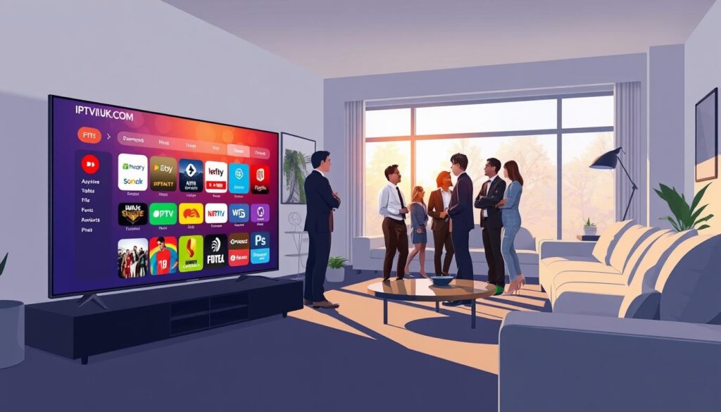 An informative and engaging illustration depicting IPTV services in a contemporary home media setting. In the foreground, a sleek, modern television displays a visually appealing interface of IPTVVUK.COM, showcasing a variety of streaming options. The middle ground features a cozy living room with stylish furnishings, where a diverse group of people, dressed in professional business attire, are discussing the benefits of IPTV services. In the background, large windows allow natural light to flood the space, creating a warm and inviting atmosphere. Subtle shadows cast by the furniture enhance the depth of the scene, which conveys a sense of community and shared knowledge regarding free IPTV services. The overall mood is optimistic and informative, reflecting common questions about legal IPTV alternatives. An informative and engaging illustration depicting IPTV services in a contemporary home media setting. In the foreground, a sleek, modern television displays a visually appealing interface of IPTVVUK.COM, showcasing a variety of streaming options. The middle ground features a cozy living room with stylish furnishings, where a diverse group of people, dressed in professional business attire, are discussing the benefits of IPTV services. In the background, large windows allow natural light to flood the space, creating a warm and inviting atmosphere. Subtle shadows cast by the furniture enhance the depth of the scene, which conveys a sense of community and shared knowledge regarding free IPTV services. The overall mood is optimistic and informative, reflecting common questions about legal IPTV alternatives.
