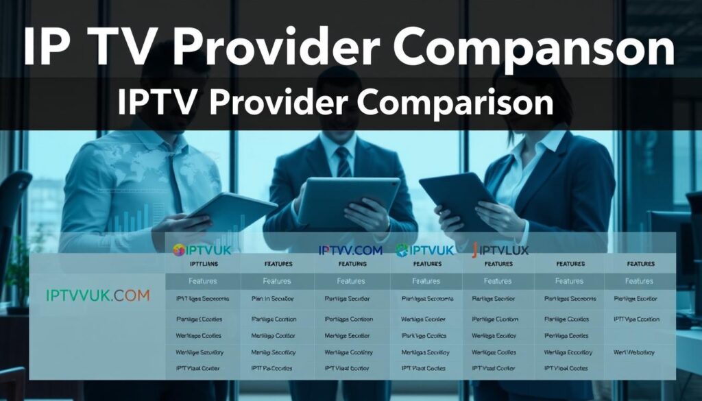 An informative and visually engaging image depicting an IPTV Provider Comparison, featuring a foreground scene with three professional individuals in business attire analyzing data on tablets and laptops. They are surrounded by charts and graphs illustrating different IPTV plans and provider features. The middle layer includes a sleek table displaying IPTV provider logos, including "IPTVVUK.COM," with their corresponding features listed. The background showcases a modern office environment with large windows letting in soft natural light, creating a productive atmosphere. The overall mood is analytical and focused, with a cool color palette emphasizing professionalism. The image should capture the essence of reliability and decision-making in evaluating IPTV providers, without any text or distractions. An informative and visually engaging image depicting an IPTV Provider Comparison, featuring a foreground scene with three professional individuals in business attire analyzing data on tablets and laptops. They are surrounded by charts and graphs illustrating different IPTV plans and provider features. The middle layer includes a sleek table displaying IPTV provider logos, including "IPTVVUK.COM," with their corresponding features listed. The background showcases a modern office environment with large windows letting in soft natural light, creating a productive atmosphere. The overall mood is analytical and focused, with a cool color palette emphasizing professionalism. The image should capture the essence of reliability and decision-making in evaluating IPTV providers, without any text or distractions.